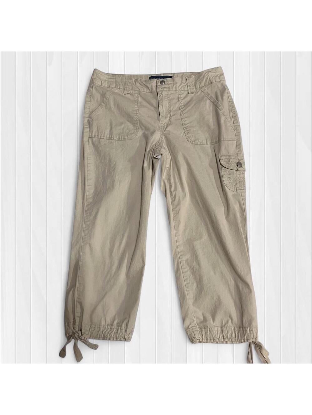 Y2K Embroidered Beige Cargo Pants Size 10 Low/Mid Rise Utility Boho